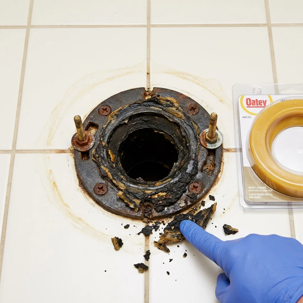 Failed wax ring showing water seepage at the base of a toilet in a Windsor, NC home