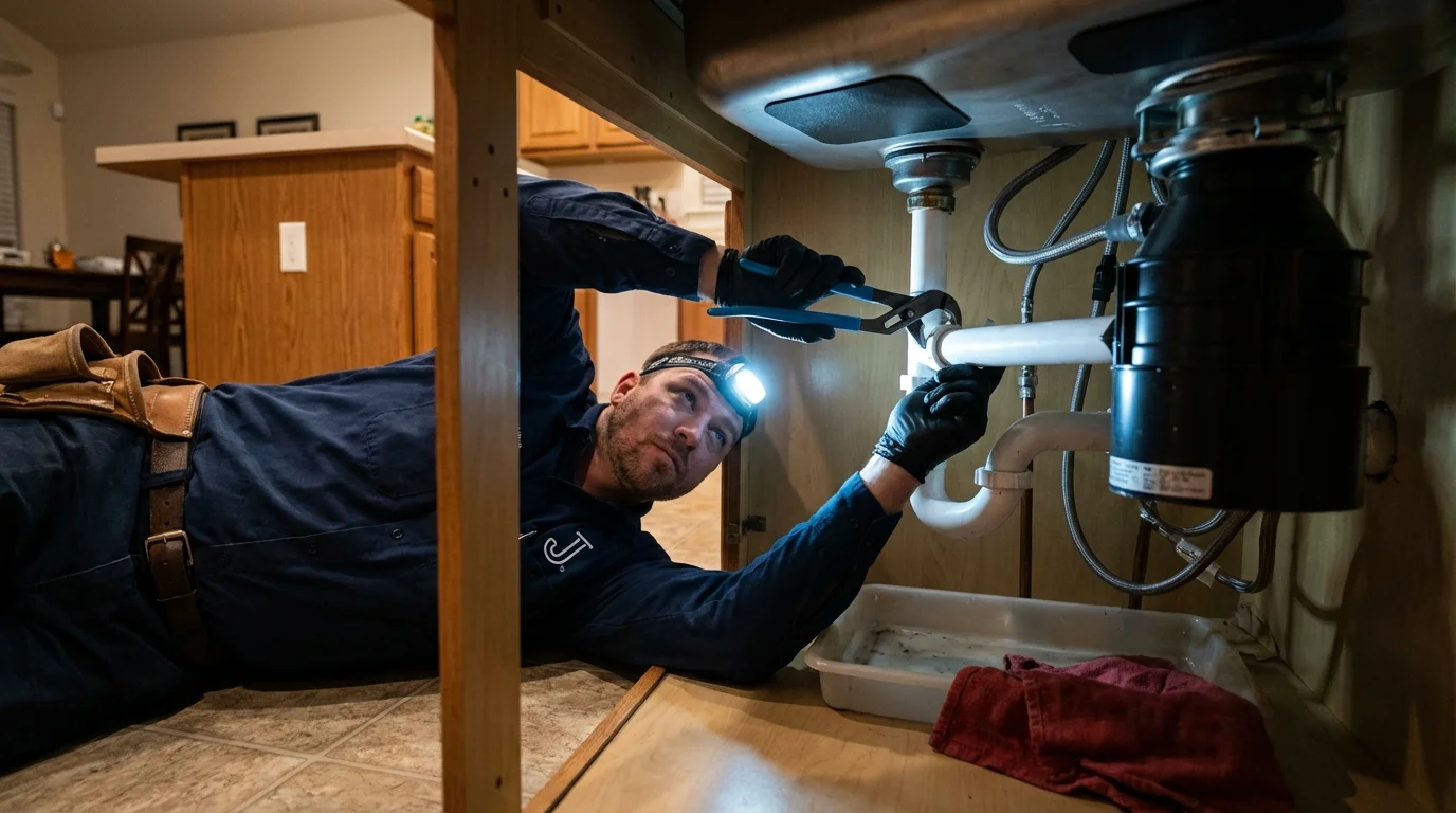 P-trap and supply line connections under a kitchen sink showing a common leak point in Windsor, NC
